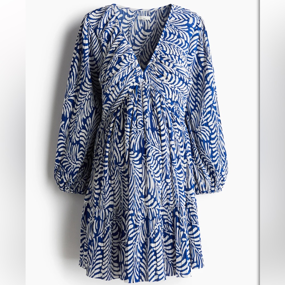 H&M Blue and White Long Sleeve Tiered V-Neck Dress